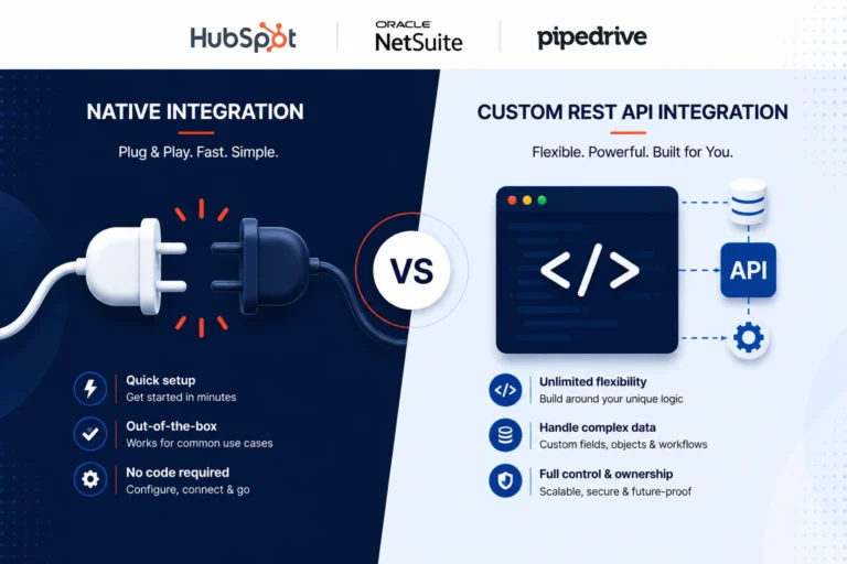 REST API vs native integration comparison for HubSpot, NetSuite, and Pipedrive