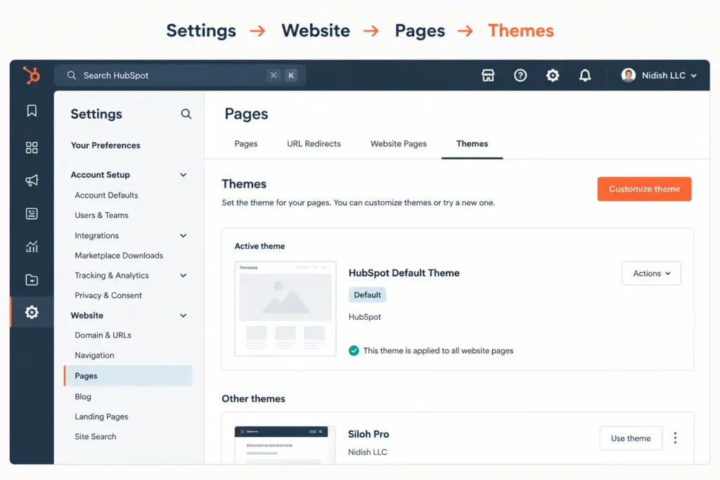 HubSpot default theme settings location