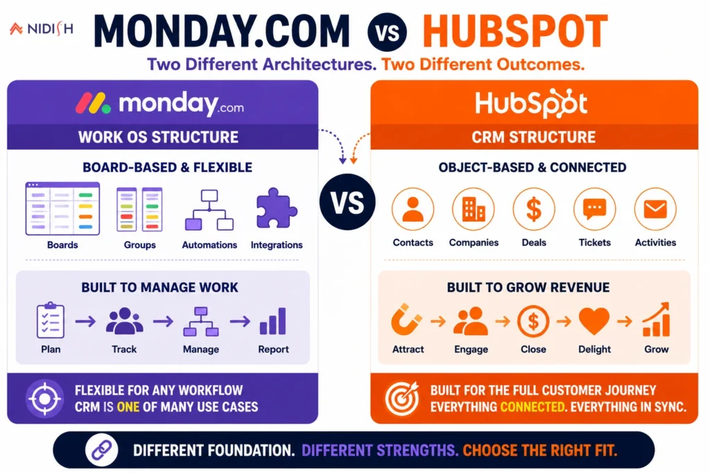 Monday.com to HubSpot migration Work OS vs CRM structure