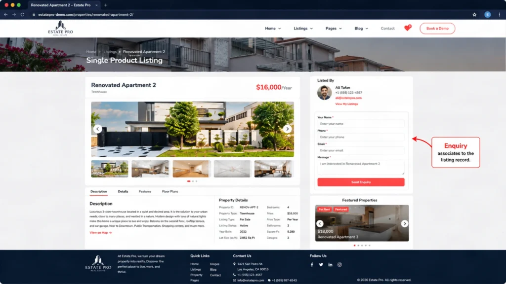 Estate Pro single property detail page with enquiry form on HubSpot CMS