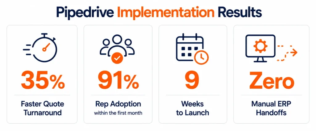 Pipedrive implementation for manufacturing results including 35 percent faster quotes