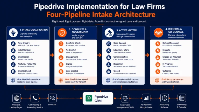 Pipedrive implementation for law firms showing four-pipeline intake architecture