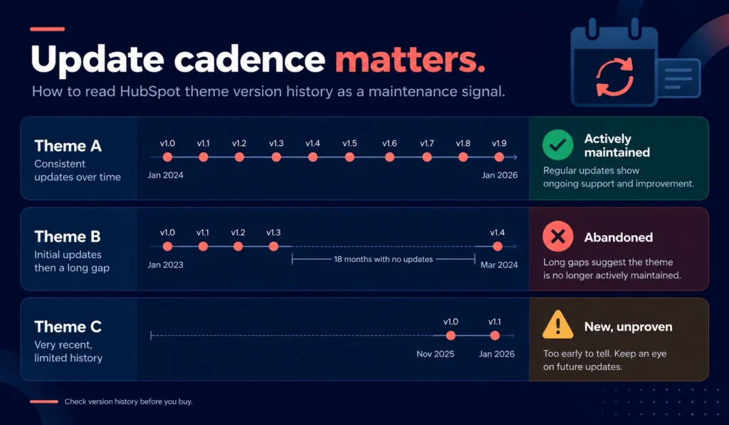 How to read HubSpot theme version history as a maintenance signal